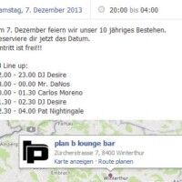10 Jahre Plan B mit DJ Pat Nightingale | Plan B Winterthur (ZH)> Samstag 07.12.2016